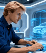 男士操作电脑查看虚拟汽车1001#横屏 