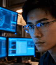 男性专注操作多台计算机827#横屏 