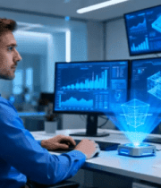 男士在办公室操作多台电脑451#横屏 