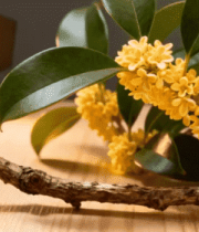 木桌摆放桂花枝叶素材4554#横屏 