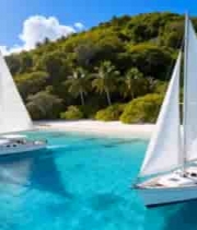  海上双帆船近海岛航行景象1614#横屏 	 -