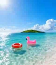  海滩上漂浮的火烈鸟和救生圈2743#横屏 	 -