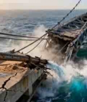  海上破损桥梁与海浪景象2995#横屏 	 