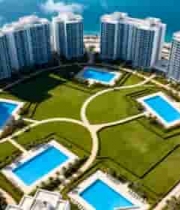  海滨城市高层住宅航拍全景327#横屏 	 