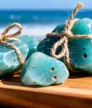  海边木盘上的绳绑绿宝石素材2572#横屏 	 