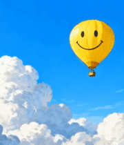 蓝天中笑脸热气球飞行画面4667#横屏 