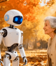 老人与机器人在秋日树林互动667#横屏 