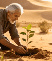 老人沙漠中种植绿植素材4195#横屏 