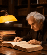 老人在书房灯下专注阅读4874#横屏 