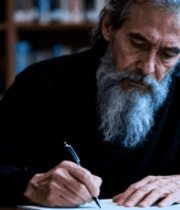 老人在图书馆伏案书写1987#横屏 