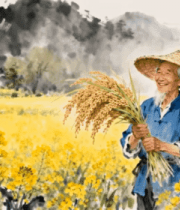 老农手持稻穗站在油菜花田3690#横屏 