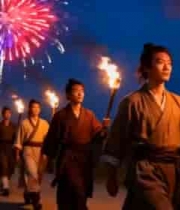  古装人物手持火把列队行进352#横屏 	 