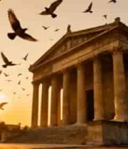  古建筑旁飞鸟夕阳景象630#横屏 	 