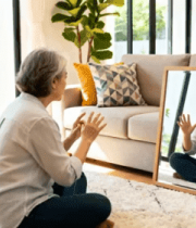 居家老人对镜做手势动作2435#横屏 