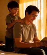  父亲与孩子卧室温馨阅读场景413#横屏 	 