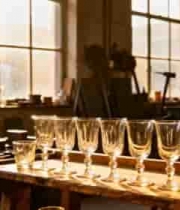  工作室木桌上摆放的透明酒杯2255#横屏 	 - 