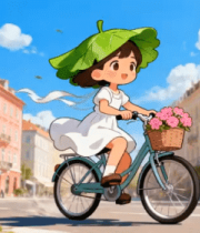 卡通女孩城市街道骑自行车1357#横屏 