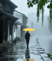 江南水乡撑伞行人雨中漫步3517#横屏 