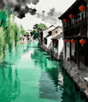 江南水乡古镇河道风景4059#横屏 