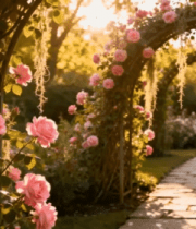 花园粉色鲜花拱门小径景观1472#横屏 