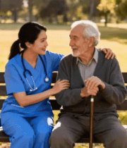 护士陪伴老人公园长椅谈心3911#横屏 