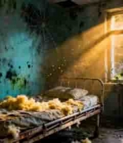  废弃房间内破旧床铺与阳光2202#横屏 	 