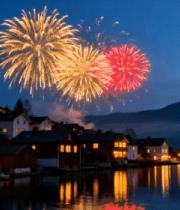 湖畔小镇夜空烟花绽放4543#横屏 