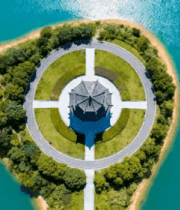 湖泊中岛屿及建筑航拍素材5094#横屏 