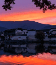 宏村湖畔美丽晚霞风光2965#横屏 