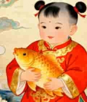  穿红衣小孩抱金鱼古风画面590#横屏 	 