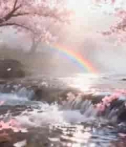  春日溪流樱花彩虹美景1259#横屏 	 