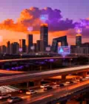  城市黄昏立交桥与科技元素画面1446#横屏 	 