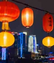  城市夜景中悬挂的红灯笼(1)2567#横屏 	 