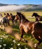  草原上牧民骑马赶马群1513#横屏 	 