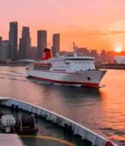  城市港口日落时的轮船景象1234#横屏 	 