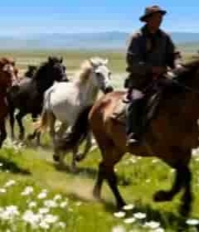  草原牧民骑马赶马群素材512#横屏 	 
