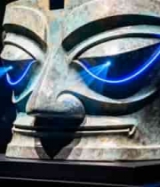  博物馆青铜面具展示素材2709#横屏 	 -