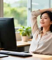  办公室女士电脑前伸懒腰2348#横屏 	 