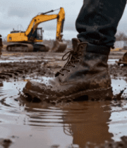 工地工人脚踩泥水坑与挖掘机1380#横