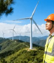 工程师眺望山间风力发电设施3533#横