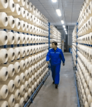 工厂工人行走于纱线货架间5200#横