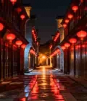  雨夜古巷红灯笼夜景3040#横屏 	 