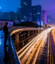  雨夜城市天桥人物背影3027#横屏 	 