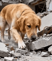 废墟中嗅探的金毛犬3591#横