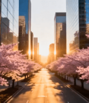 城市街道樱花与高楼景观1526#横屏 