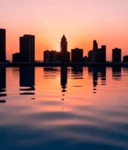 城市天际线与水面倒影日落景象4603#横