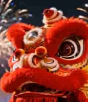  醒狮头特写与烟花背景2577#横屏 	 