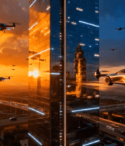 城市高楼旁飞行汽车与无人机4043#横