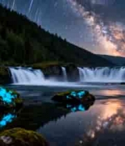  星空下的荧光瀑布夜景2567#横屏 	 