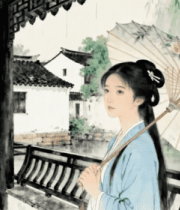 撑伞汉服女子漫步古景2828#横